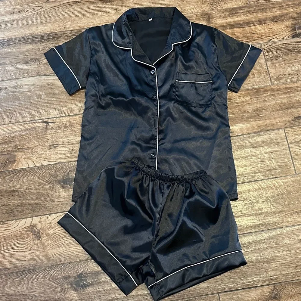 Black Satin Pajama Set Sz Med NWOT